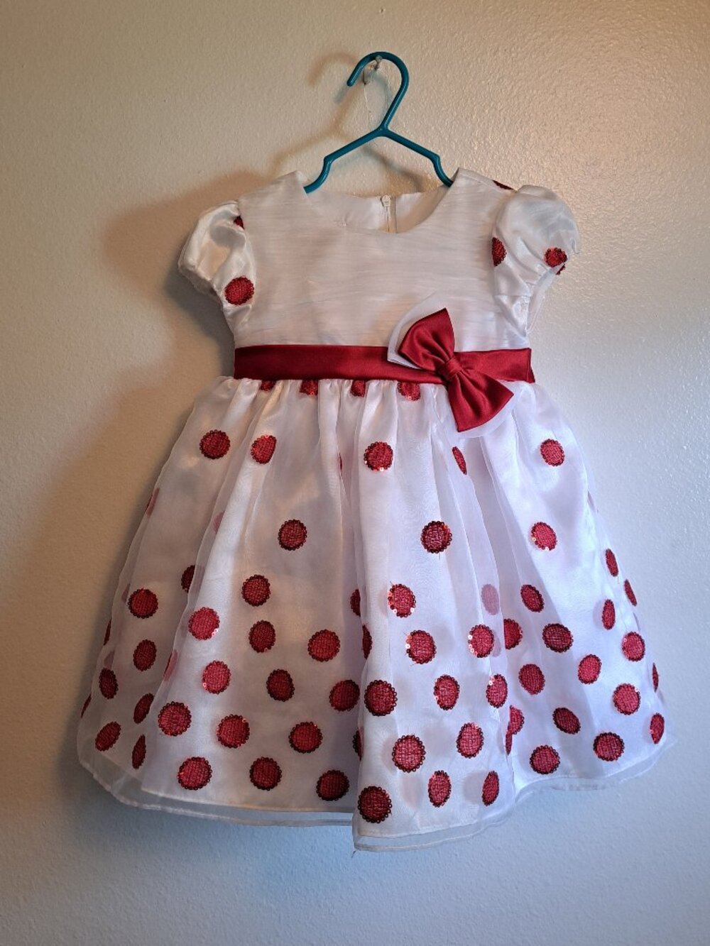 Bonnie Baby Girl's White Holiday Party Dress with Red Polka Dots and Red Sash